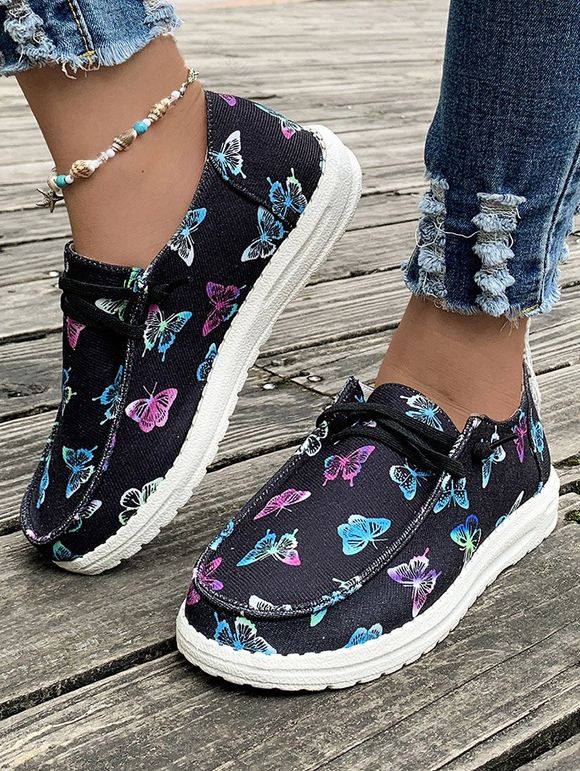 Colorfly Butterfly Print Lace Up Canvas Shoes - BLACK EU 43