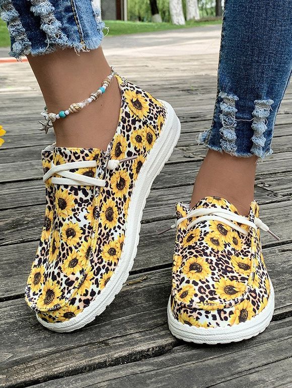 Sunflower and Leopard Print Lace Up Canvas Shoes - Jaune EU 43