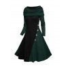 Cable Knit Panel Long Sleeve Knit Dress Mock Button Cowl Neck A Line Knitted Dress - DEEP GREEN XXL
