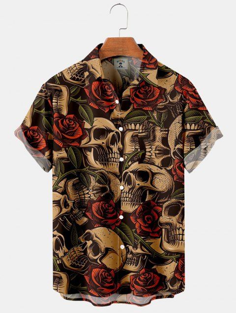 Halloween Skull and Rose Print Shirt Button Up Short Sleeve Casual Shirt