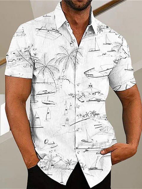 Chemise de Plage Vacance à Imprimé Palmier à Col Relevé avec Bouton