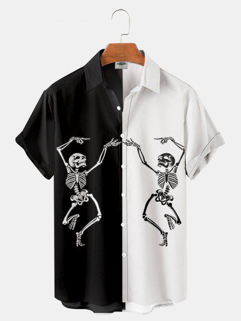 Halloween Skeleton Print Shirt Button Up Turn Down Collar Shirt