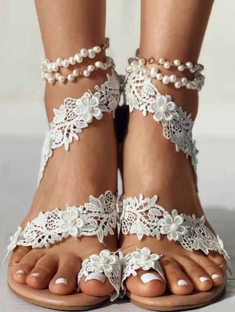 Guipure Lace Toe Ring Beach Vacation Flat Sandals