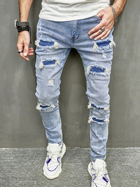 Ripped Distressed Patchwork Jeans Faded Light Wash Denim Pants
