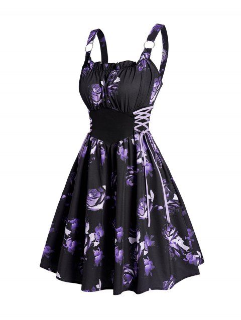 Rose Print Ruffle Trim Dress Sleeveless Lace Up A Line Mini Dress