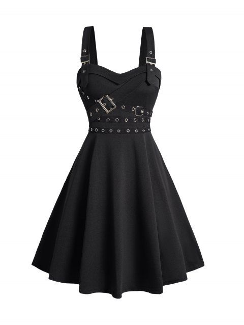 Grommet Buckle Strap Punk Dress Plain Color Sleeveless A Line Mini Dress
