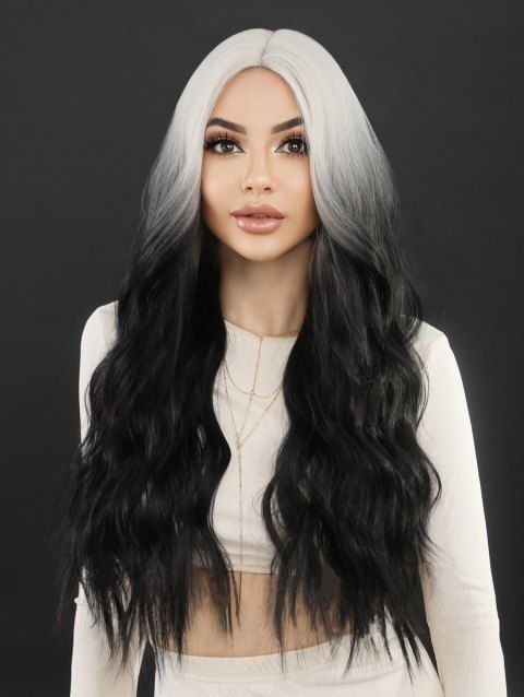 Black and White Ombre Wavy Middle Part Capless Synthetic Wig