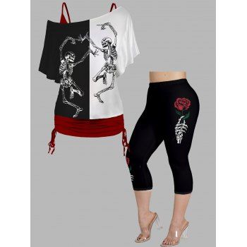 

Plus Size Halloween Skeleton Print Tops and Elastic Waist Cropped Capri Leggings Outfit, Multicolor a