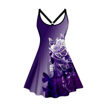 

Plus Size Halloween Dress Skull and Butterfly Print Sleeveless A Line Dress, Purple