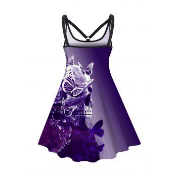 Plus Size Halloween Dress Skull and Butterfly Print Sleeveless A Line Dress