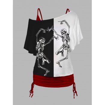 

Plus Size Halloween Skeleton Print T Shirt and Cinched Ruched Camisole Set, Multicolor a