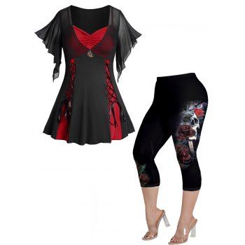 

Plus Size Colorblock Lace Up Gothic Top and Elastic Waist Capri Leggings Outfit, Red