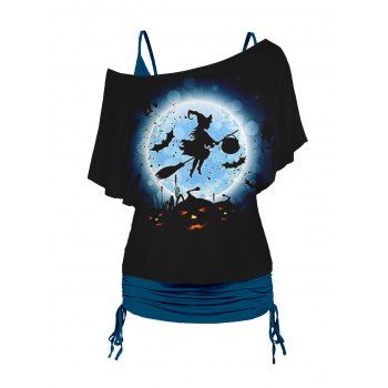 

Plus Size Halloween Skew Neck T Shirt and Cinched Ruched Camisole Set, Deep blue