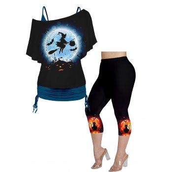 

Plus Size Halloween Skew Neck Cinched Tops and Capri Legging Outfit, Multicolor a