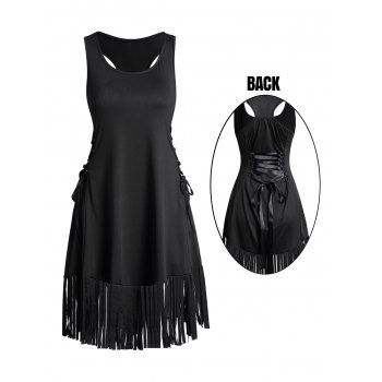 

Lace Up Tassel Tank Dress Plain Color Racer Back Casual Mini Dress, Black