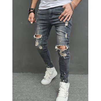 

Ripped Distressed Splash Ink Jeans Dark Wash Zip Fly Casual Denim Pants, Black