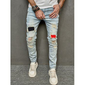 

Ripped Distressed Patchwork Jeans Light Wash Pocket Denim Pants, Light blue