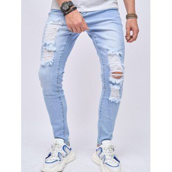 

Ripped Distressed Faded Jeans Zip Fly Pockets Casual Denim Pants, Light blue