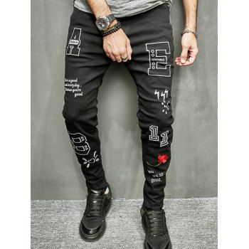 

Letter Embroidery Jeans Dark Wash Zip Fly Casual Denim Pants, Black