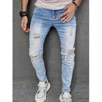 

Ripped Distressed Jeans Pocket Light Wash Zip Fly Denim Pants, Blue