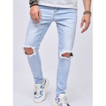 

Ripped Distressed Jeans Pockets Light Wash Casual Denim Pants, Light blue