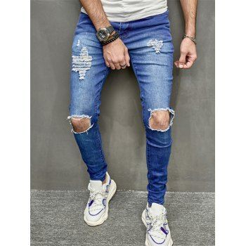 

Ripped Distressed Jeans Pockets Zip Fly Casual Denim Pants, Blue