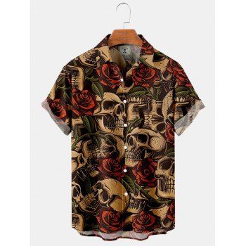 

Halloween Skull and Rose Print Shirt Button Up Short Sleeve Casual Shirt, Multicolor a