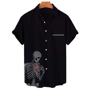 

Halloween Skeleton Print Shirt Button Turn Down Collar Casual Shirt, Black