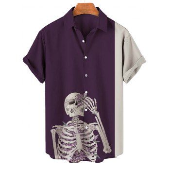 

Halloween Skeleton Print Shirt Button Turn Down Collar Casual Shirt, Purple