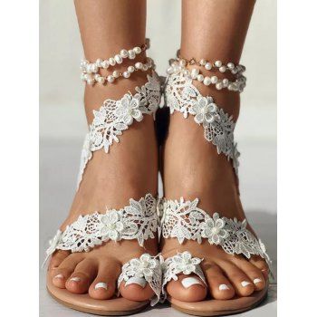 

Guipure Lace Toe Ring Beach Vacation Flat Sandals, White
