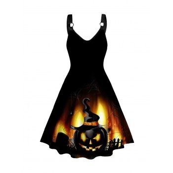 

Plus Size Halloween Dress Pumpkin Print Sleeveless A Line Dress, Black