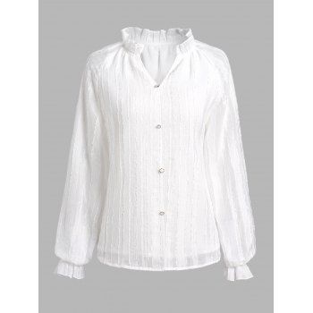 

Plain Color Mesh Ruffle Neck Top V Notched Button Casual Trendy Top, White