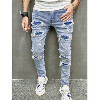 

Ripped Distressed Patchwork Jeans Faded Light Wash Denim Pants, Light blue