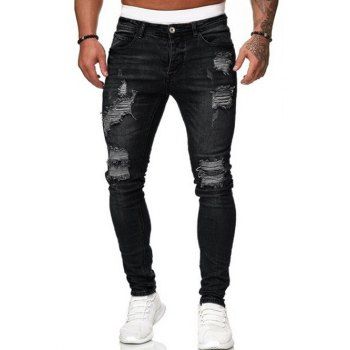 

Ripped Distressed Jeans Dark Wash Zip Fly Denim Pants, Black
