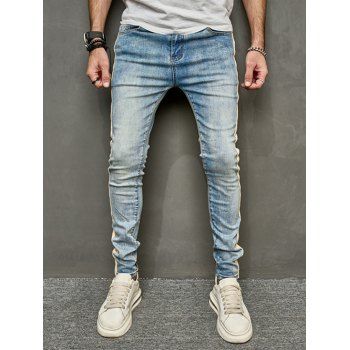 

Patchwork Piping Jeans Light Wash Pockets Casual Denim Pants, Blue