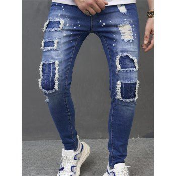 

Ripped Distressed Jeans Pockets Skinny Demin Pants, Deep blue