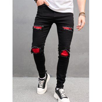 

Ripped Patchwork Jeans Colorblock Dark Wash Casual Denim Pants, Black