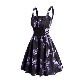 

Rose Print Ruffle Trim Dress Sleeveless Lace Up A Line Mini Dress, Black
