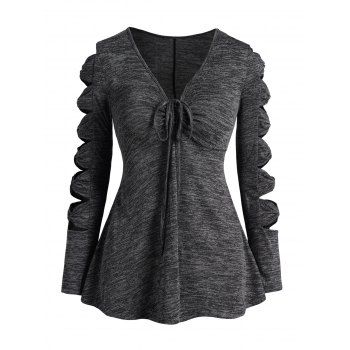 

Heathered Cinched Top Cut Out Long Sleeve V Neck Trendy Top, White