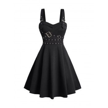 

Grommet Buckle Strap Punk Dress Plain Color Sleeveless A Line Mini Dress, Black