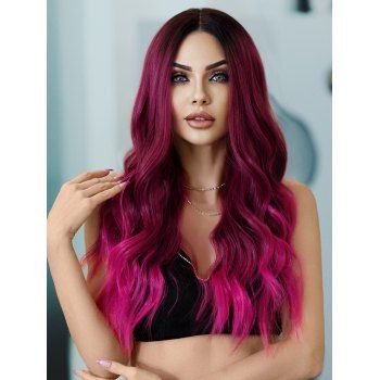 

Long Middle Part Ombre Wavy Capless Synthetic Party Wig, Deep red