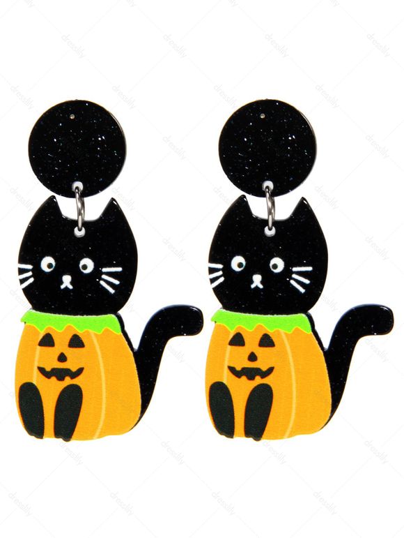 Boucles D'Oreilles Pendantes Motif Adorable Chat de Dessin Animé pour Halloween - Noir 1 PAIR