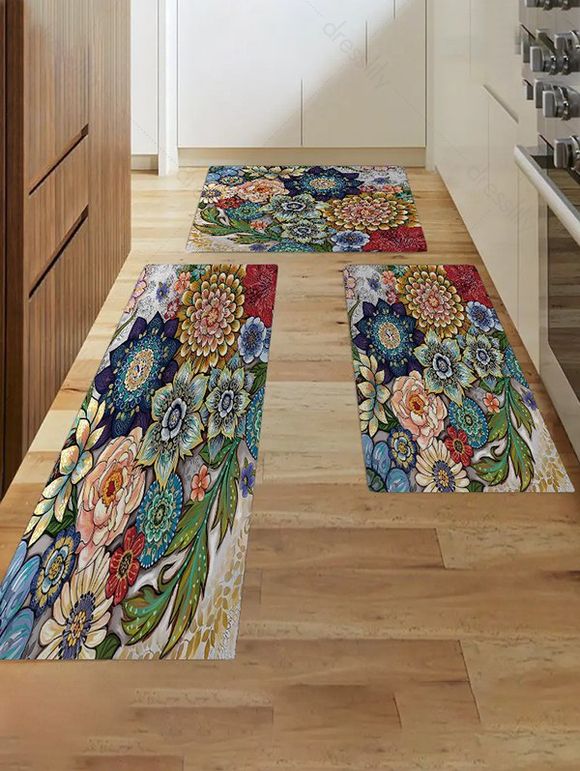 Ensemble de Tapis de Sol Antidérapant et Absorbant à Imprimé Fleurs pour Cuisine - multicolor C 