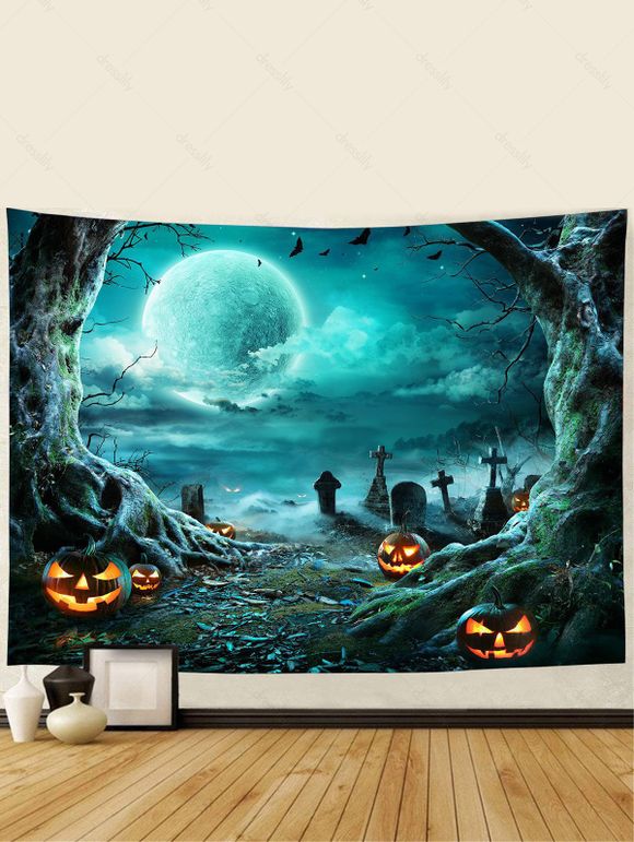 Tapisserie Murale à Imprimé Citrouilles et Lune pour Halloween - multicolor A 