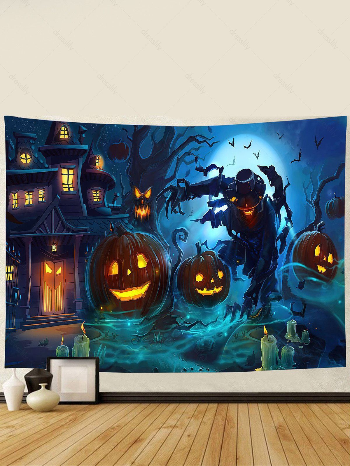 34 OFF 2024 Halloween Decoration Pumpkin And House Print Wall