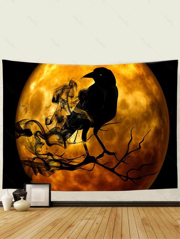 Tapisserie Murale à Imprimé Corbeau et Lune pour Halloween - multicolor A 