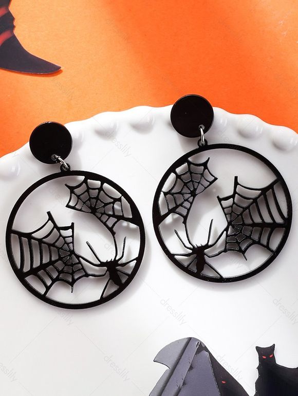 Boucles D'Oreilles Pendantes en Forme de Toile D'Araignée D'Halloween Style Gothique - Noir 