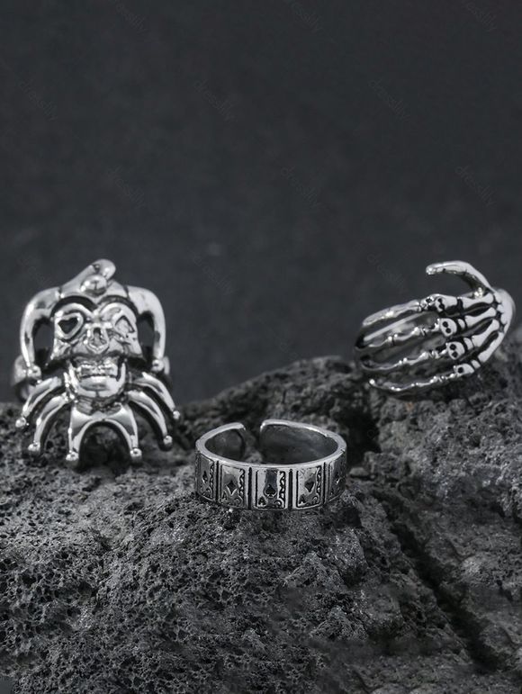 3 Pièces Ensemble de Bagues en Forme de Clown Squelette pour Halloween Style Gothique - Argent 