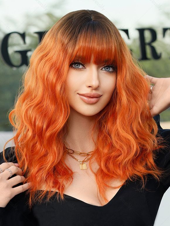 Perruque Synthétique Bouclée Couleur Dégradée avec Frange - Orange Foncé 54CM