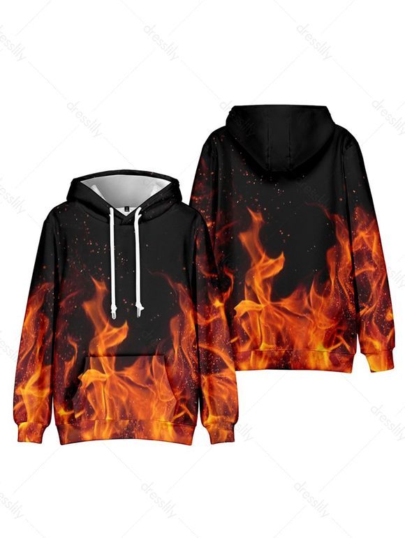 Haut à Capuche Décontracté à Imprimé Flamme avec Poche Kangourou à Cordon - multicolor 3XL